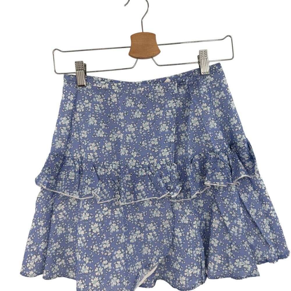 Kisuii Floral Ruffle Mini Skirt Blue Silk Blend Tiered Womens XS‎ Boho - Picture 3 of 9